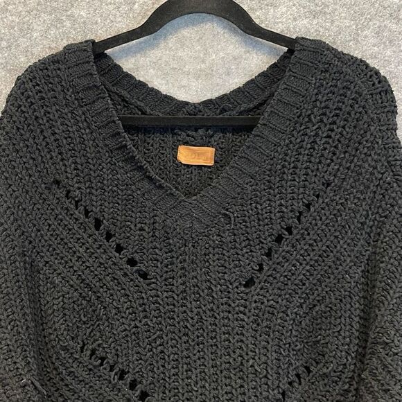 POL Sweater Women's Medium Black Chunky Knit Pullover V Neck Bell Tie Sleeves - Picture 2 of 13